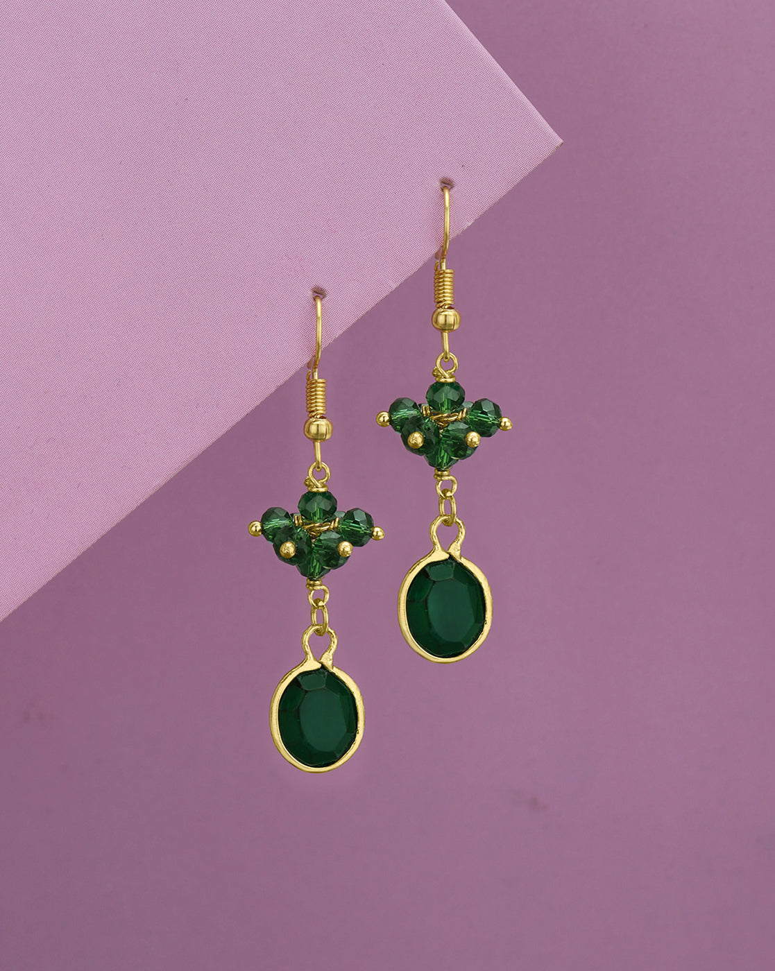Gold Plated Green Crystal Studded Contemporary Oval Drop Earring