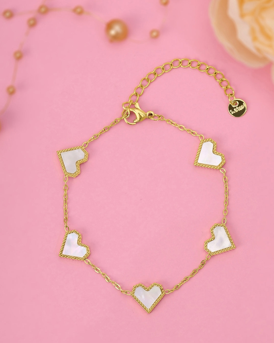 18kt Gold Plated Faux Pearl Multi Heart Charm Adjustable Bracelet