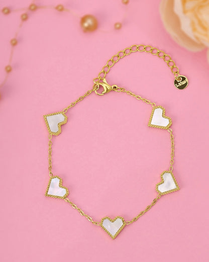 18kt Gold Plated Faux Pearl Multi Heart Charm Adjustable Bracelet
