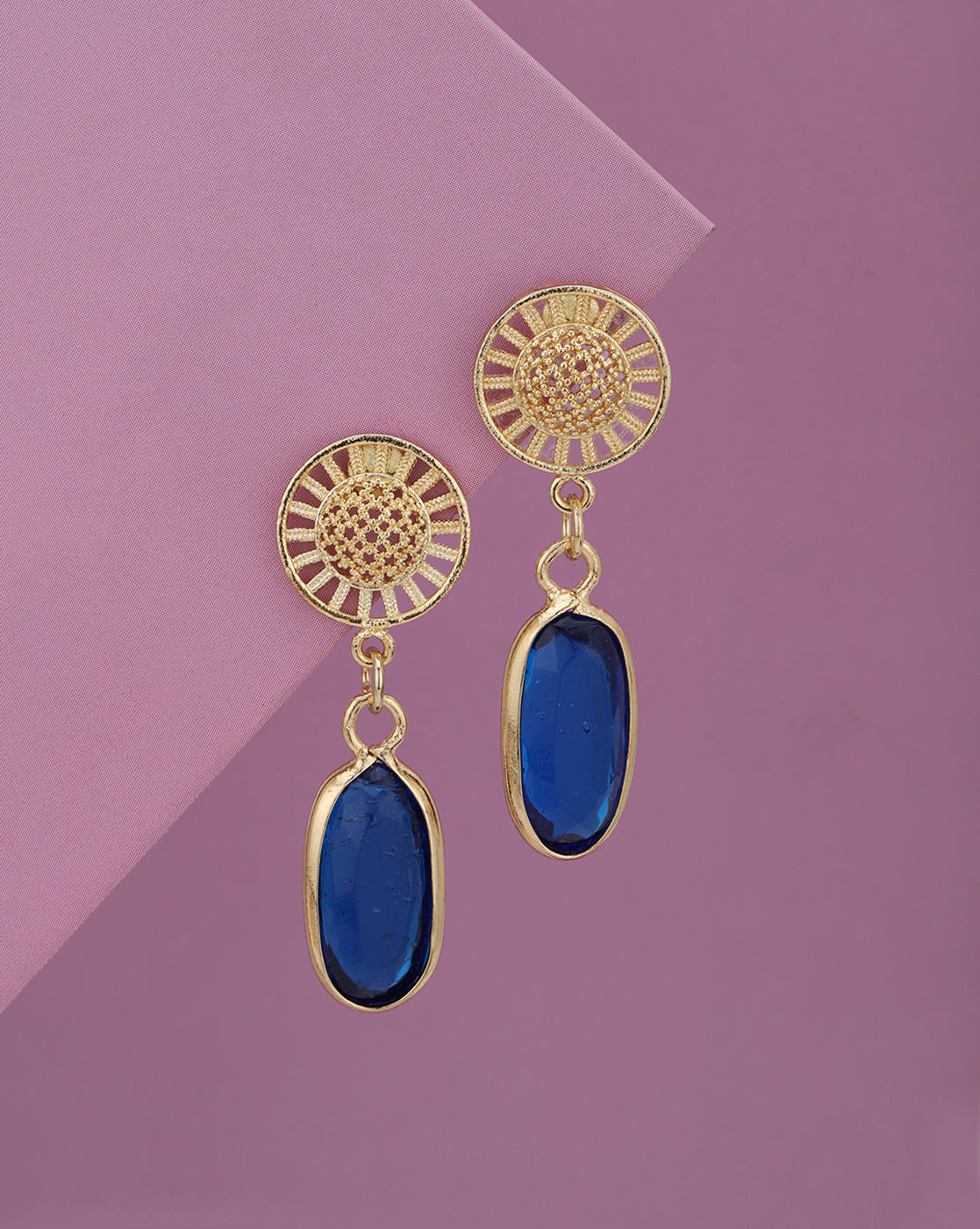 Gold Plated Radiant Blue Crystal Oval Drop Earrings