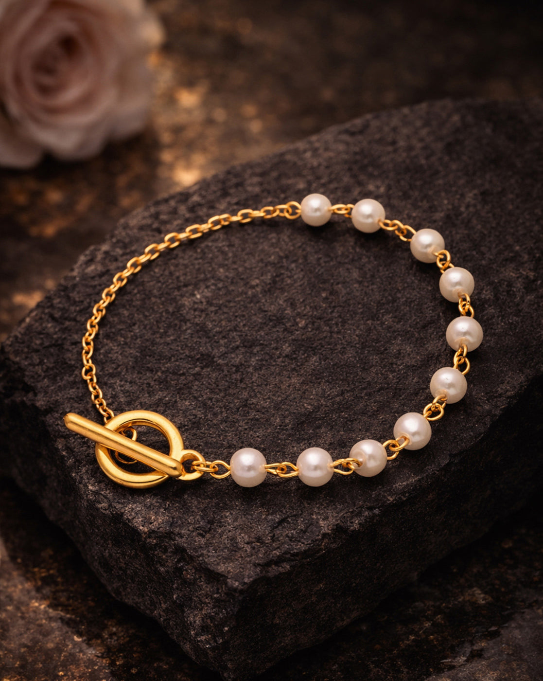 Gold Plated Pearl Chain Toggle Bracelet