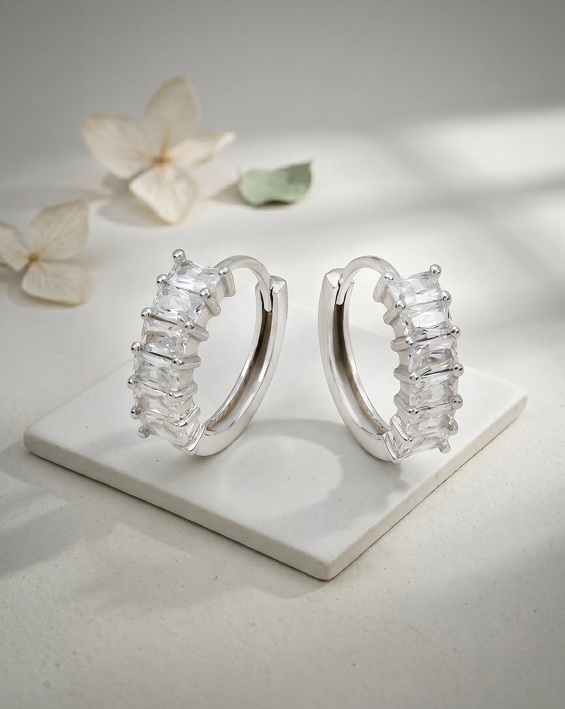 Rhodium Plated Studded Hoop Earring with Baguette CZ