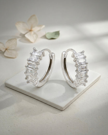 Rhodium Plated Studded Hoop Earring with Baguette CZ