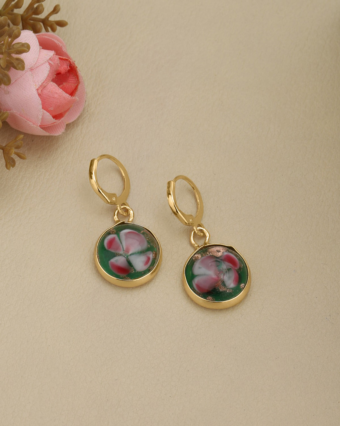 Gold Plated Artistic Dangling Green Enamel Floral Hoop Earring