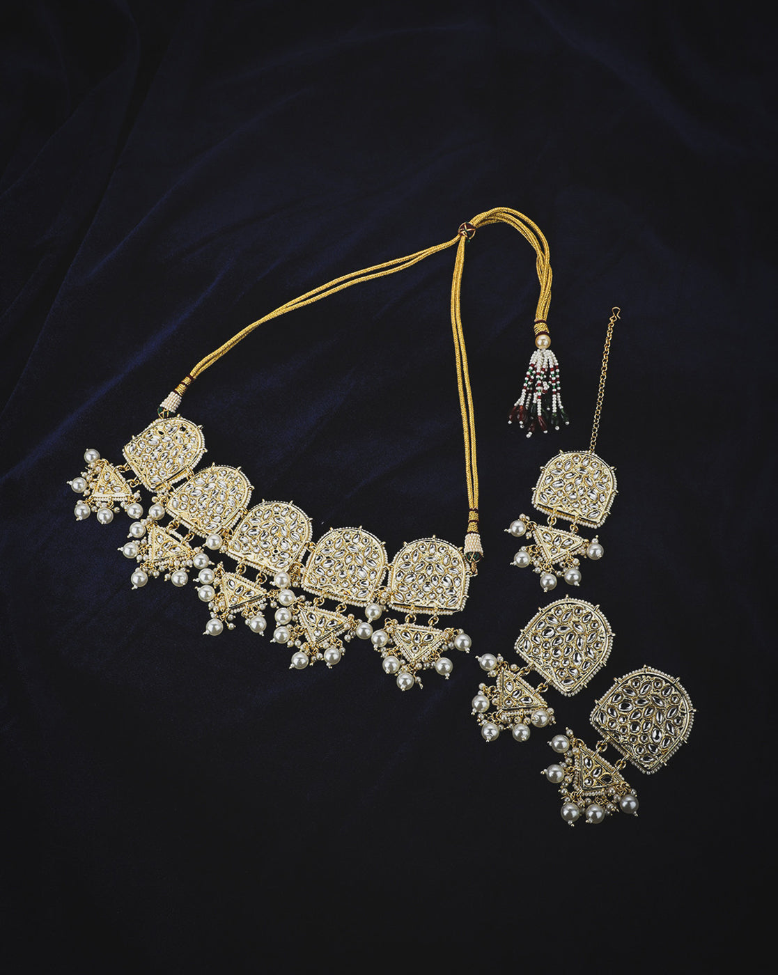 Gold-Plated Kundan Pearl Choker, Earrings &amp; Maang Tika Set