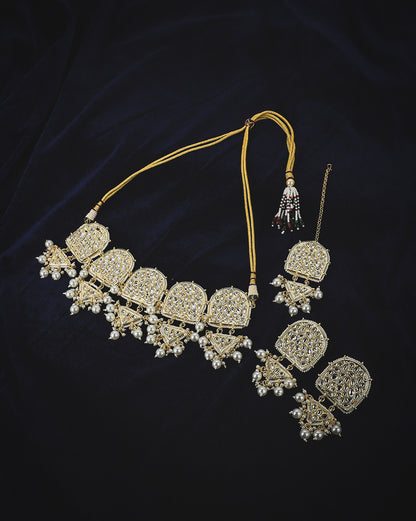 Gold-Plated Kundan Pearl Choker, Earrings &amp; Maang Tika Set