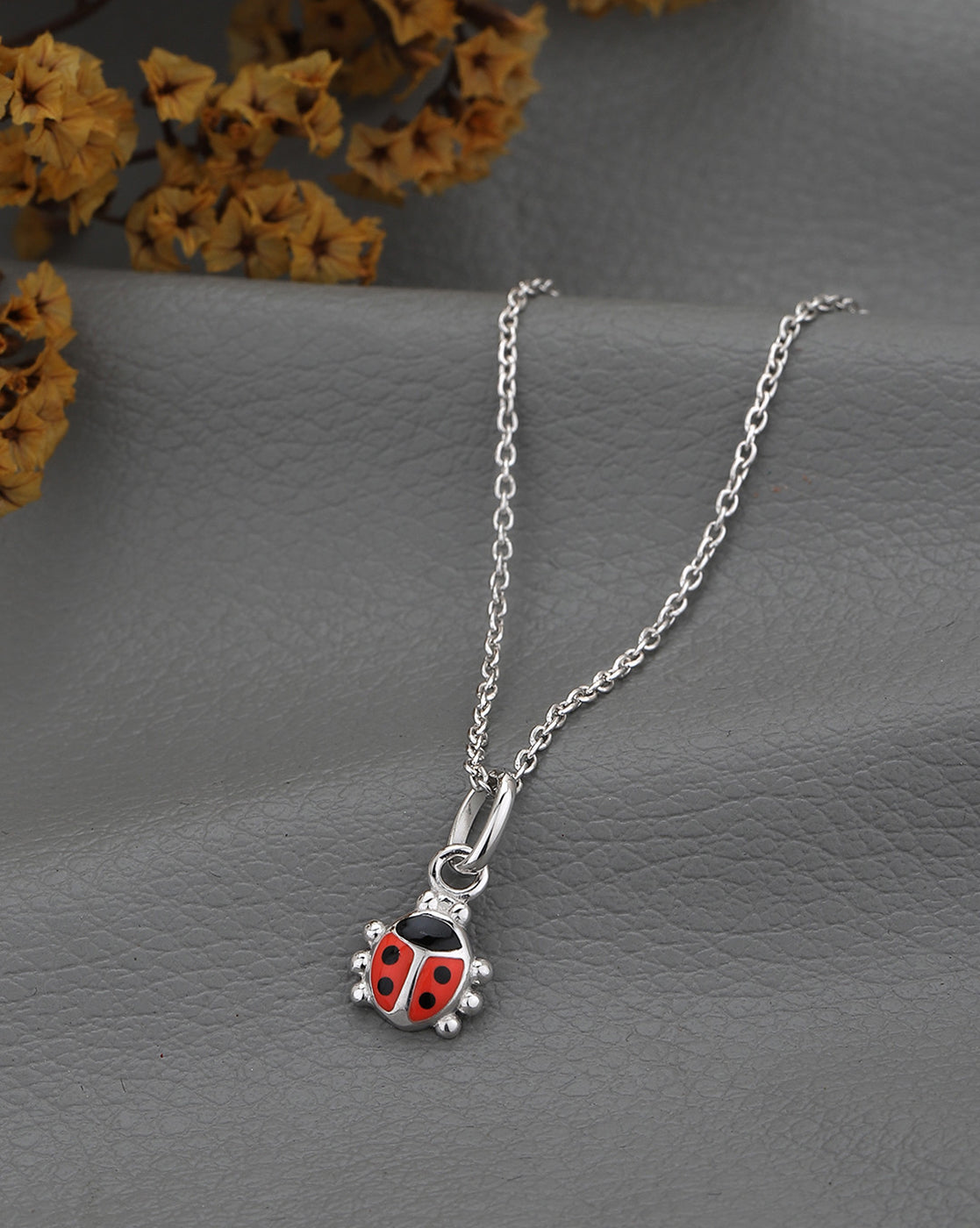 925 Sterling Silver Rhodium Plated Enamel Lady Bird Pendant and Chain