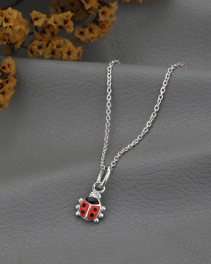 925 Sterling Silver Rhodium Plated Enamel Lady Bird Pendant and Chain