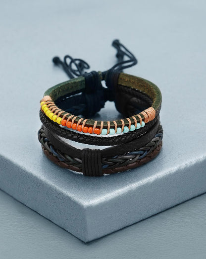 Men Set of 2 Braided Multistrand Adjustable Faux Leather Bracelet