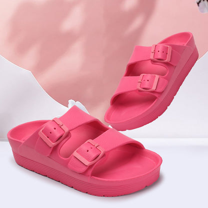 Women Solid Double Buckle Platform Slides