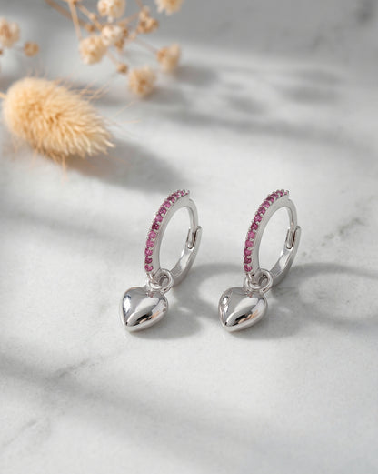 Rhodium Plated Ruby Red Studded Dangling Puffed Heart Mini Hoop Earring