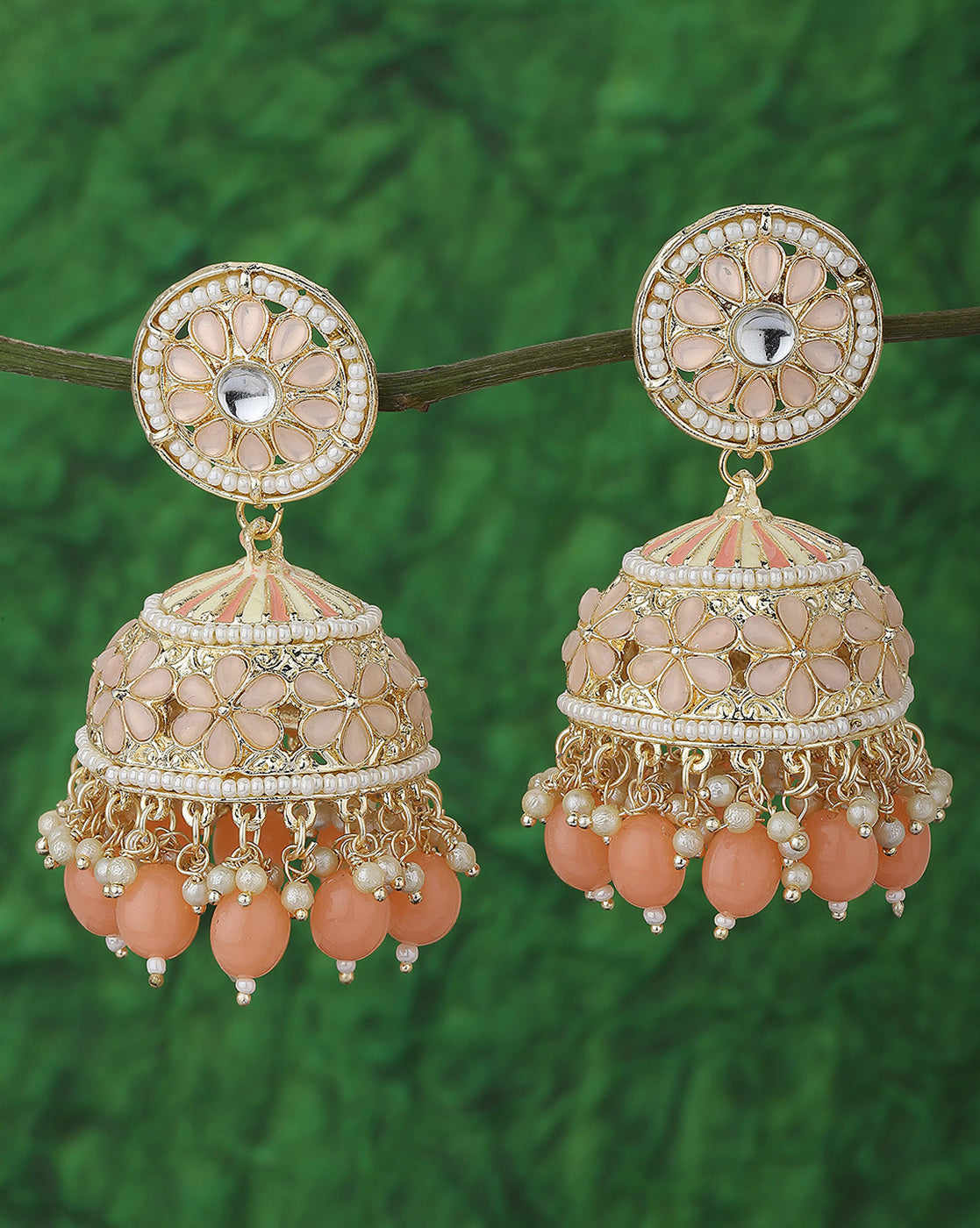 Gold Plated Kundan Lattice Jhumka Earrings with Peach Teardrop Bead Drops