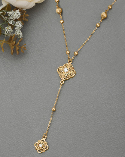 Gold Plated CZ Vintage Filigree Lariat Floral Necklace