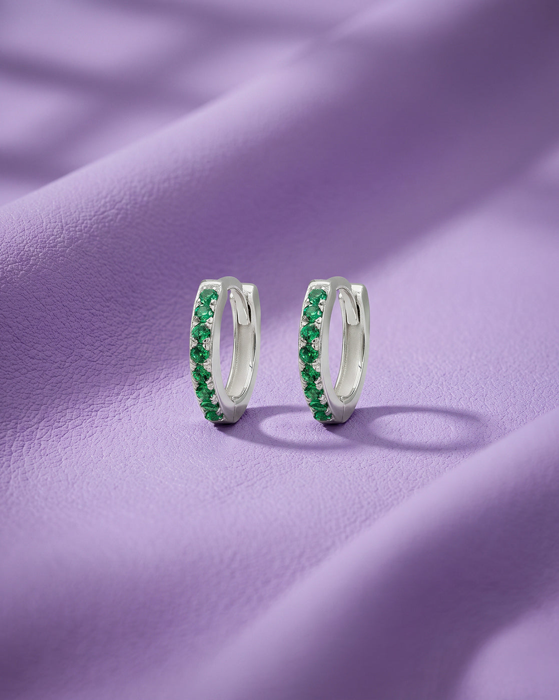925 Sterling Silver Rhodium Plated Emerald Green CZ Studded Mini Hoop Earring