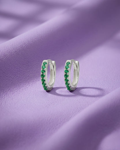 925 Sterling Silver Rhodium Plated Emerald Green CZ Studded Mini Hoop Earring