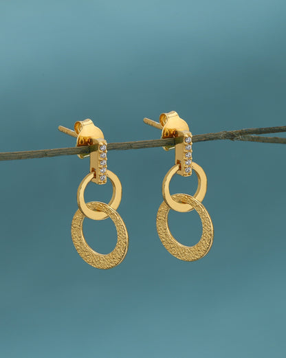 18kt Gold Plated CZ Studded Textured Double Circle Drop Link Earring