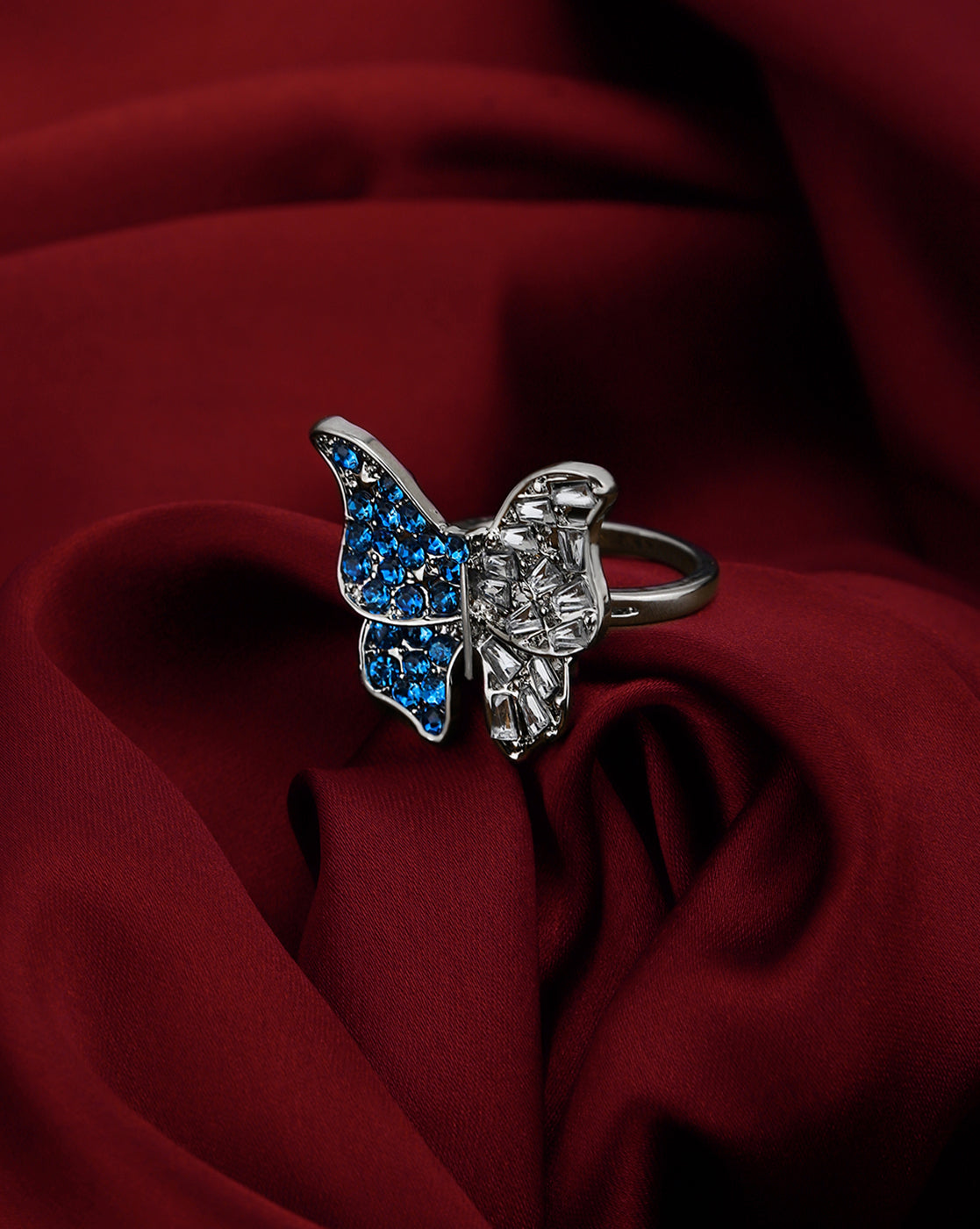 Silver-Plated Fancy Blue &amp; White CZ Butterfly Adjustable Ring