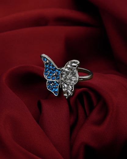 Silver-Plated Fancy Blue &amp; White CZ Butterfly Adjustable Ring