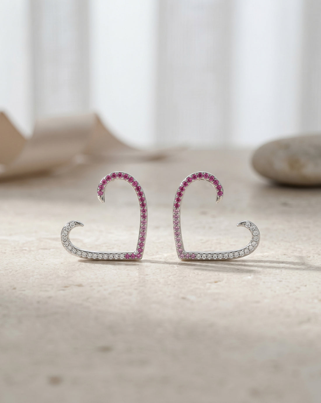 Rhodium Plated Gradient Ruby Studded Heart Bold Fashionable Stud Earring