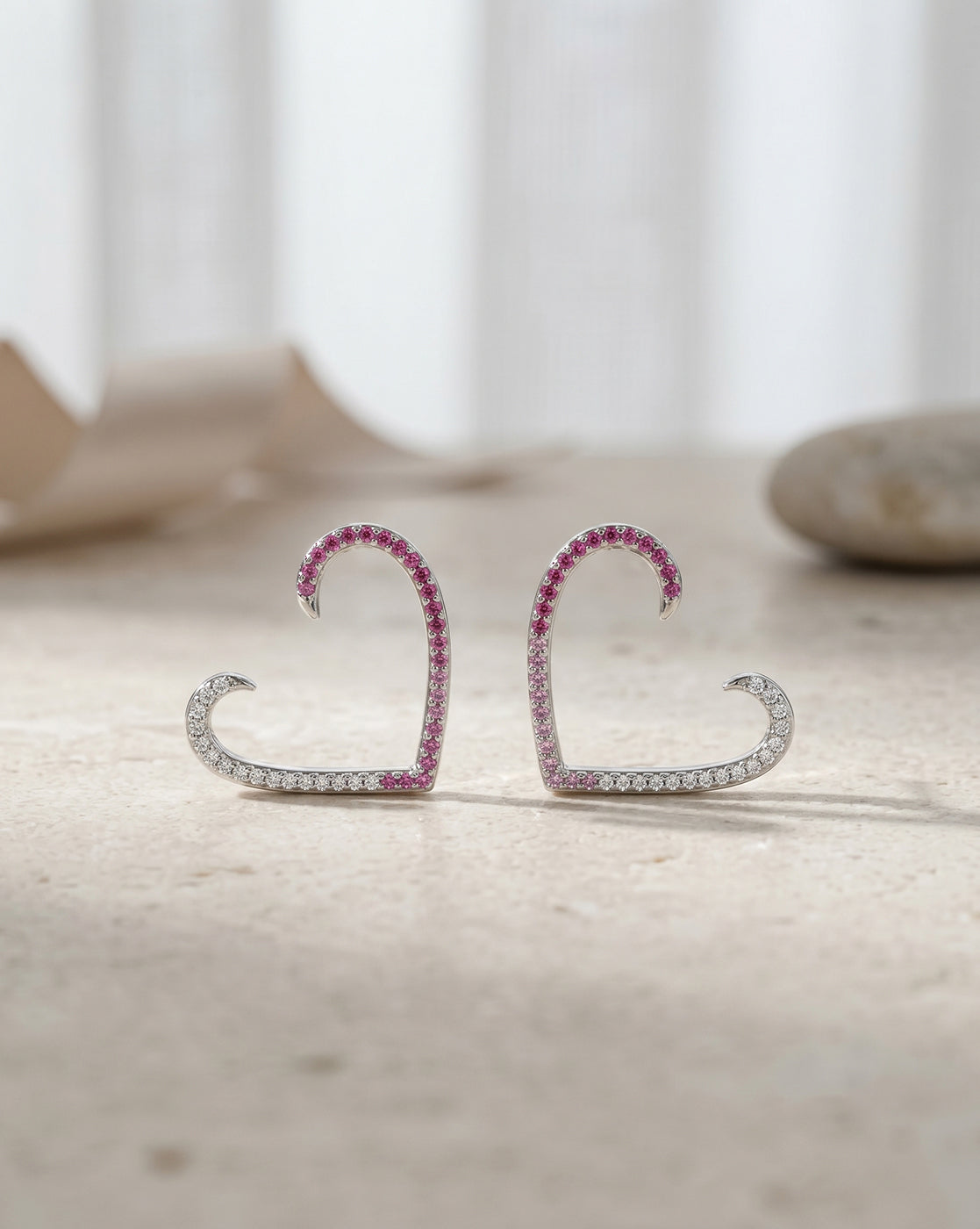 Rhodium Plated Gradient Ruby Studded Heart Bold Fashionable Stud Earring