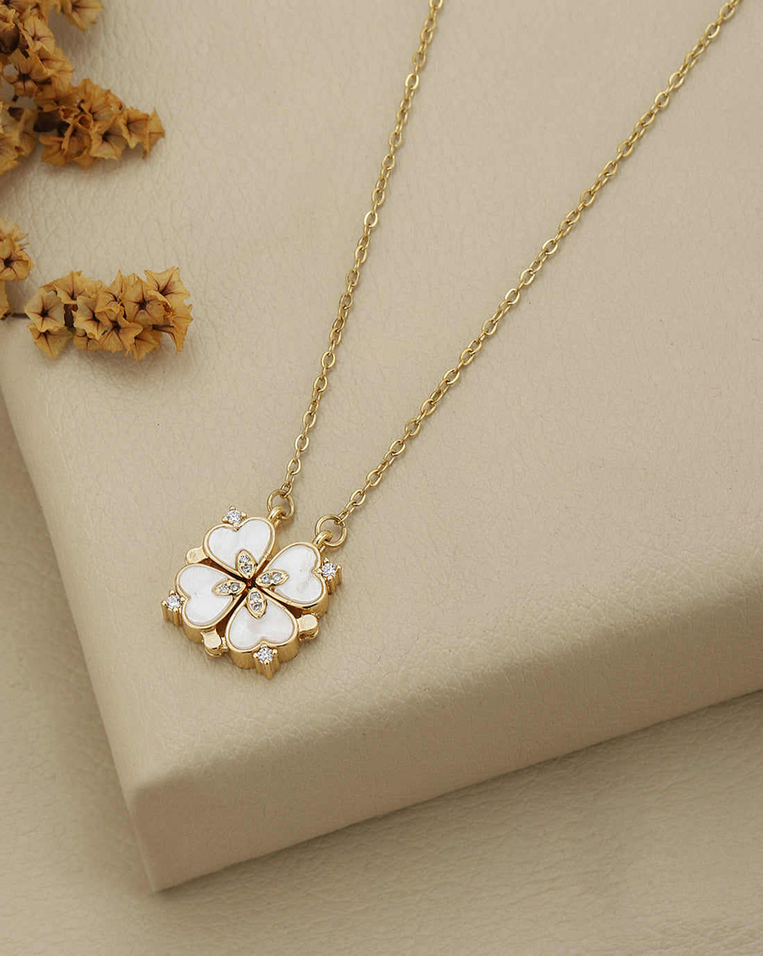 2 Way Wear Magnetic Heart Clover CZ Shell Pendant Necklace