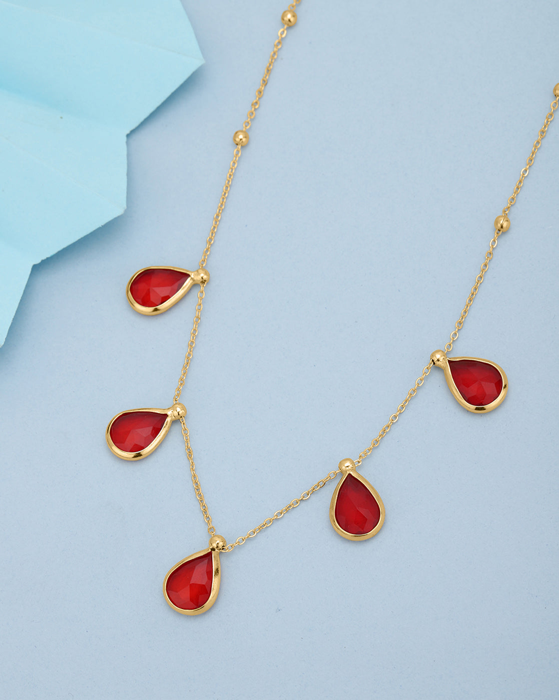 Gold Toned Fashionable Red Crystal Teardrop Charm Necklace