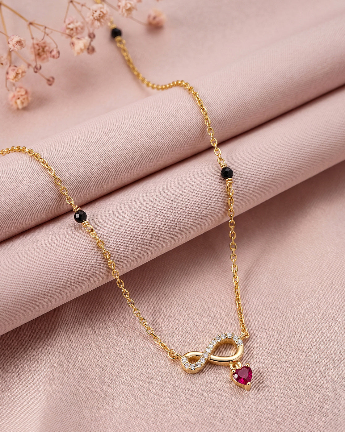 925 Sterling Silver 18kt Gold Plated Natural black bead Infinity with Heart CZ Mangalsutra