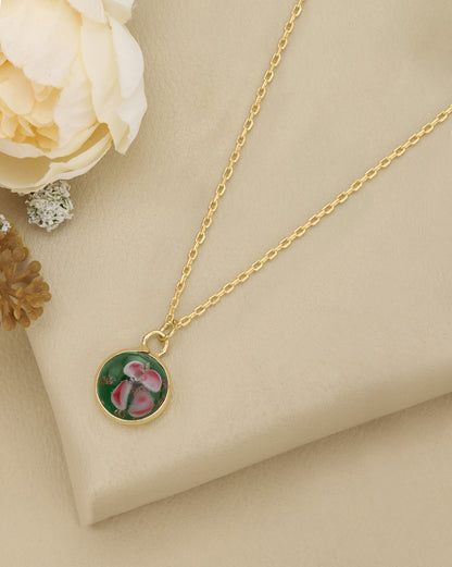 Gold Plated Green Stone and Enamel Round Floral Pendant with Chain