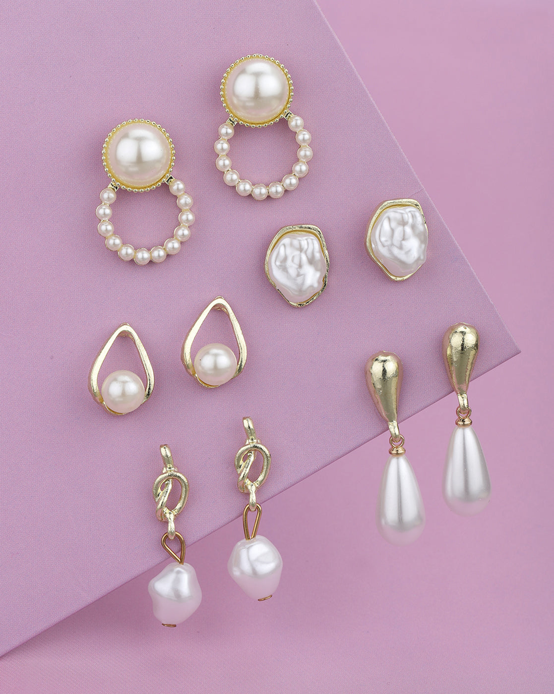 Gold Plated Pearl Multipack Set of 5 Hoops-Studs-Teardrop Organic Earrings
