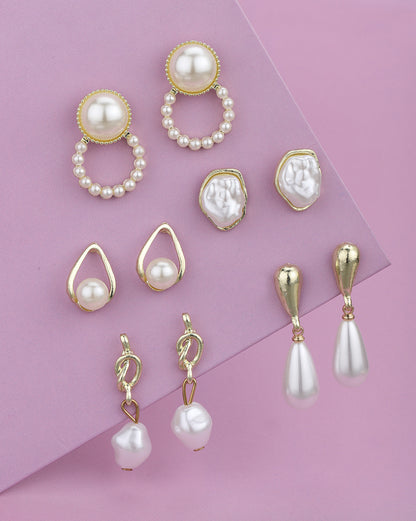 Gold Plated Pearl Multipack Set of 5 Hoops-Studs-Teardrop Organic Earrings