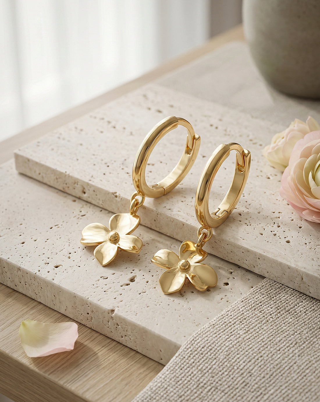 18kt Gold Plated Dangling Blossoming Flower Mini Hoop Earring