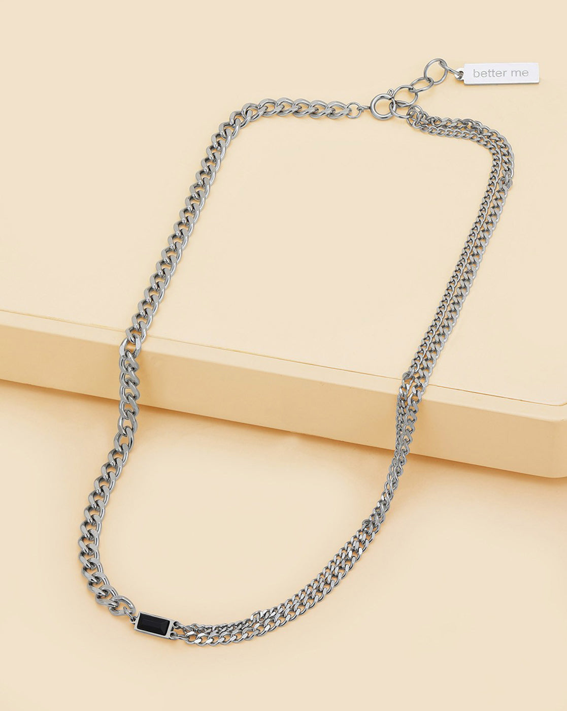 Men Silver Plated CZ Layered Curb Link Chain Necklace