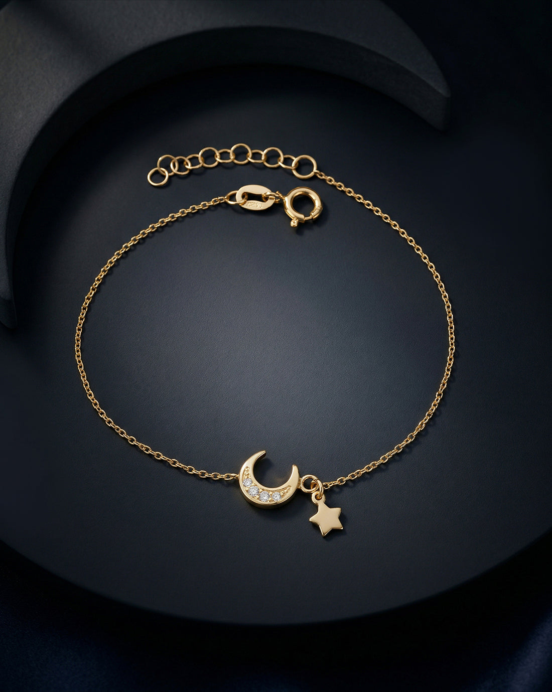 925 Sterling Silver 18kt Gold Plated CZ Moon and Star Charm Bracelet