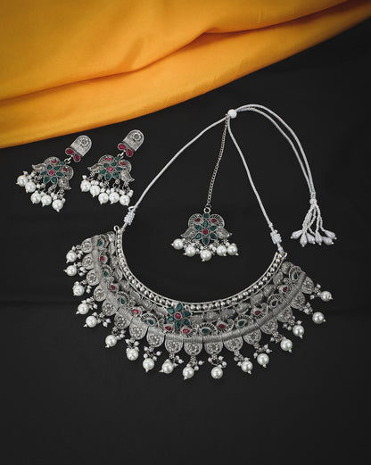 Silver Plated Oxidised Pearl &amp; Red Green Stone Studded Jewellery Set