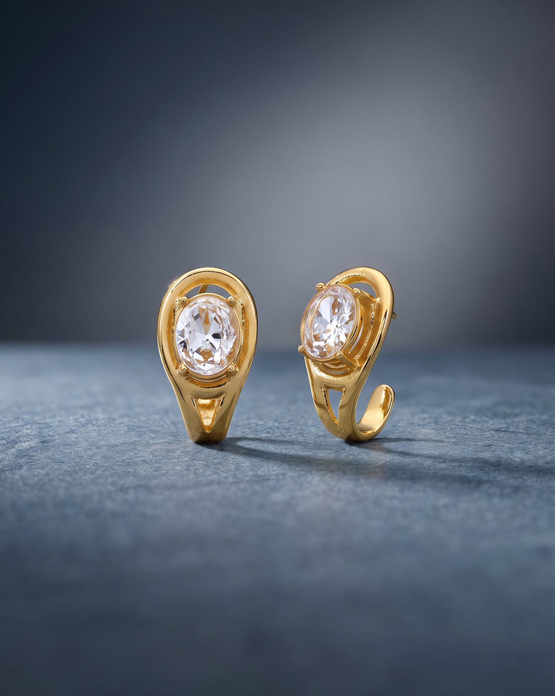 Gold-Plated Oval Solitaire Half Hoop Earrings