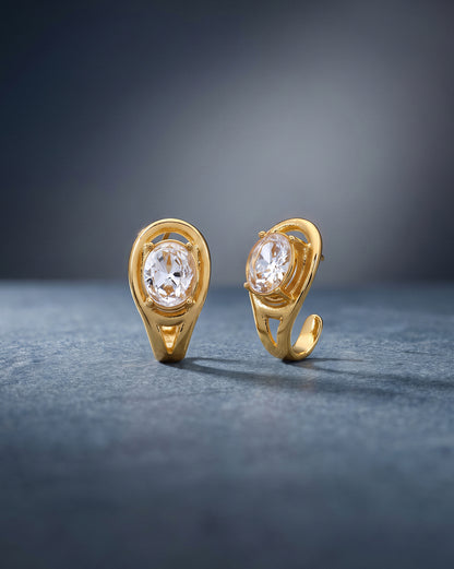 Gold-Plated Oval Solitaire Half Hoop Earrings