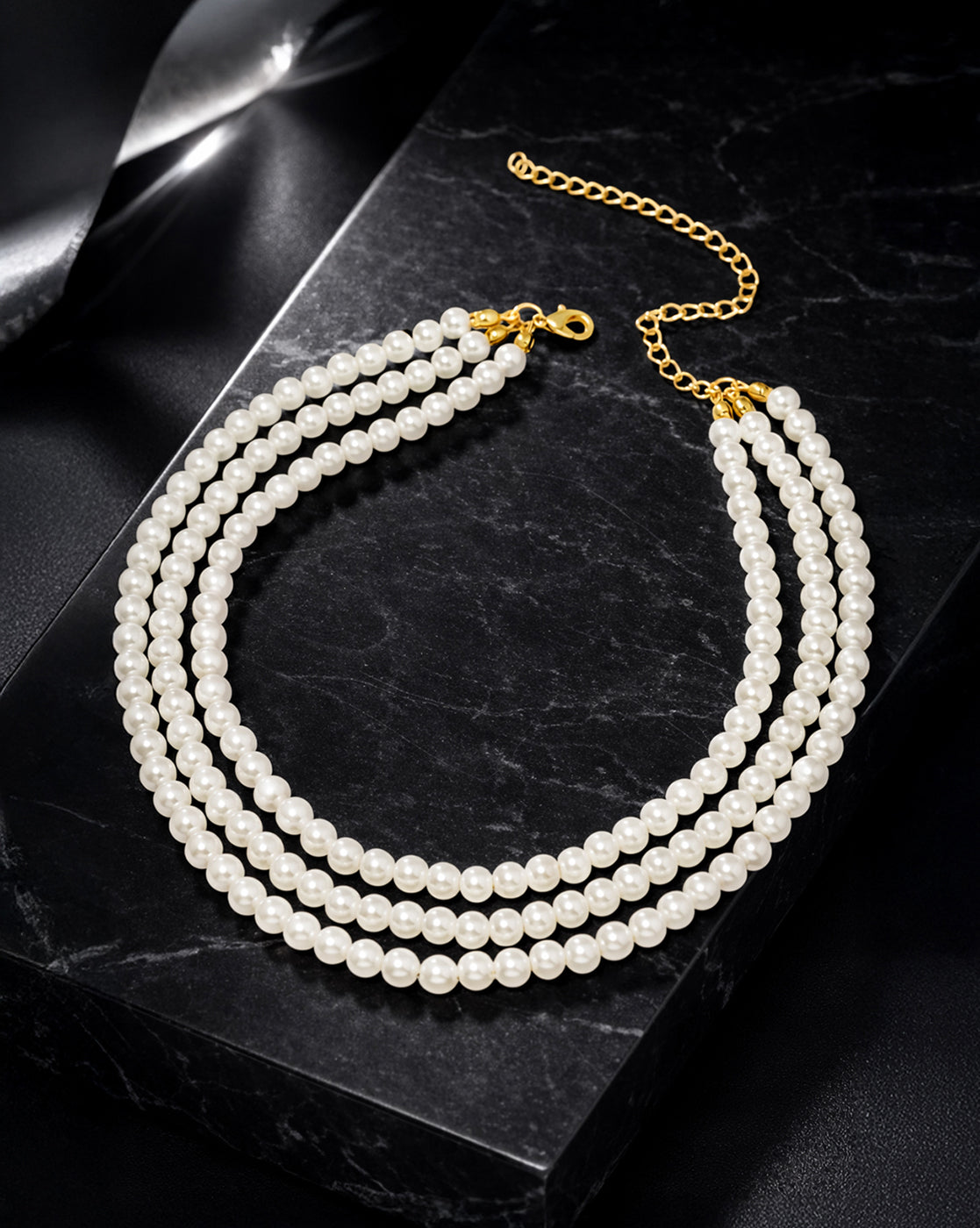 Gold Plated Classic Pearl Triple Strand Layered Necklace