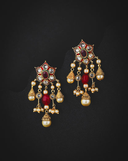 Gold Plated Kundan Traditional Chandelier Earrings with Pearl Drops