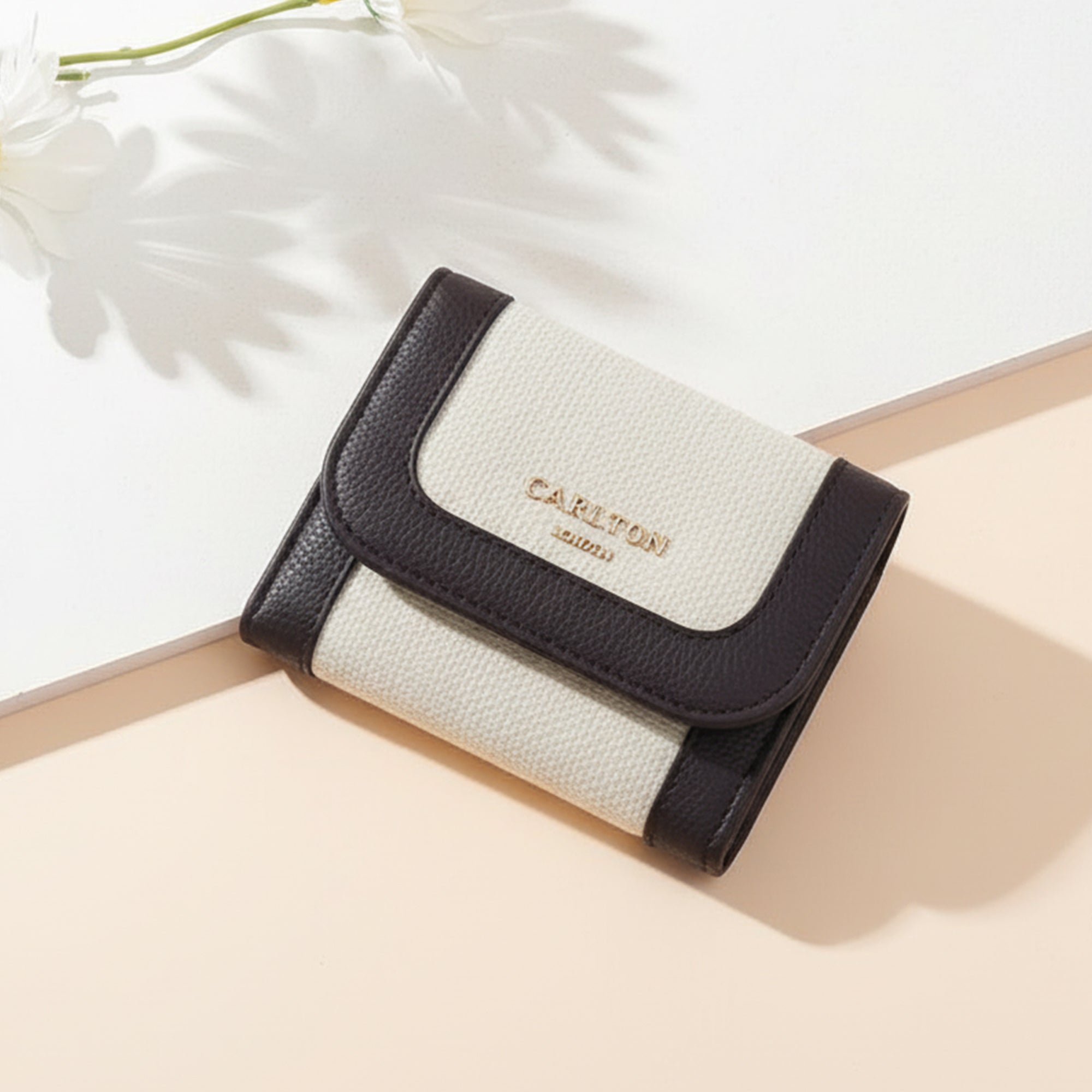 Carlton London Women Tri-Fold Textured Compact Wallet with Gold Hardware