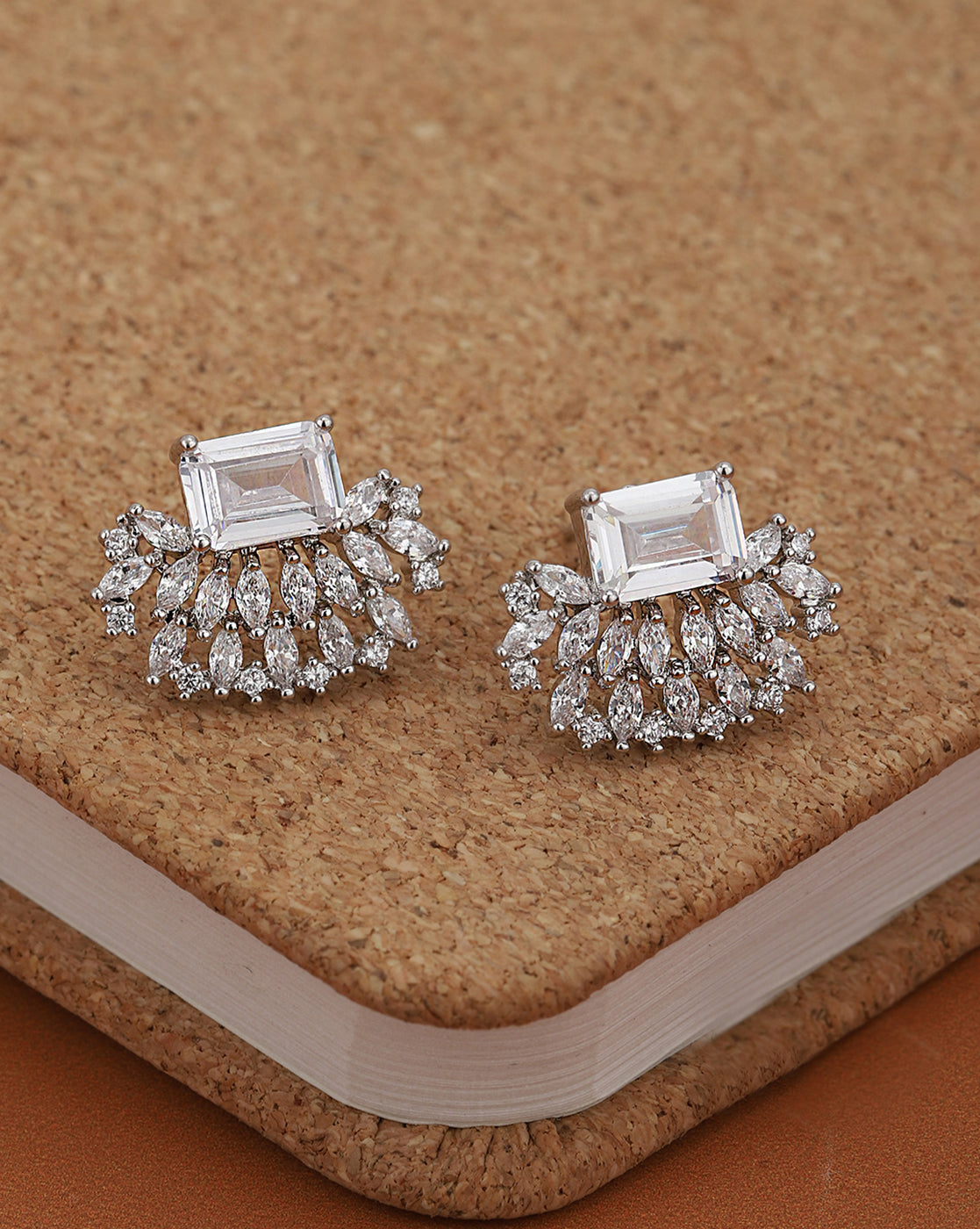 Silver Plated CZ Studded Baguette Marquise Party wear Stud Earring