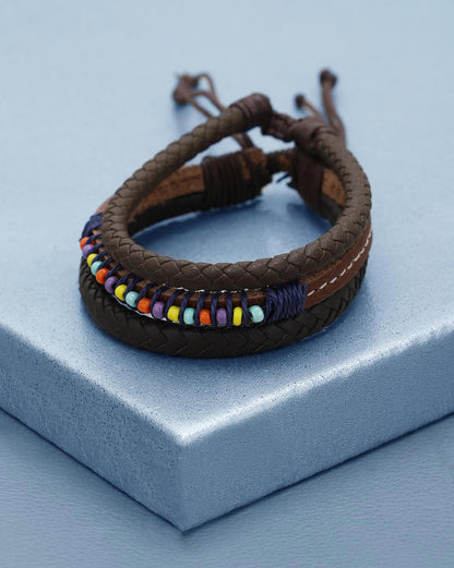 Men Set of 2 Braided Multistrand Adjustable Faux Leather Bracelet