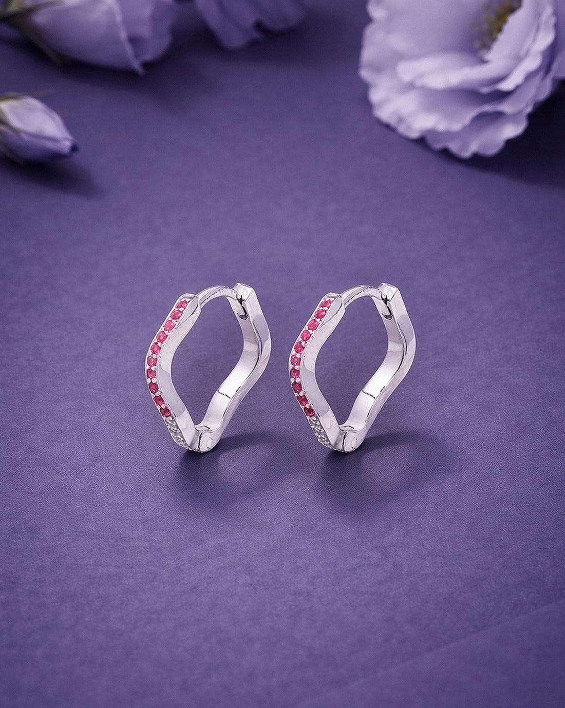 925 Sterling Silver Rhodium Plated Pink CZ Contemporary Wave Earring