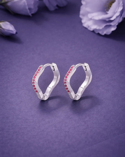 925 Sterling Silver Rhodium Plated Pink CZ Contemporary Wave Earring