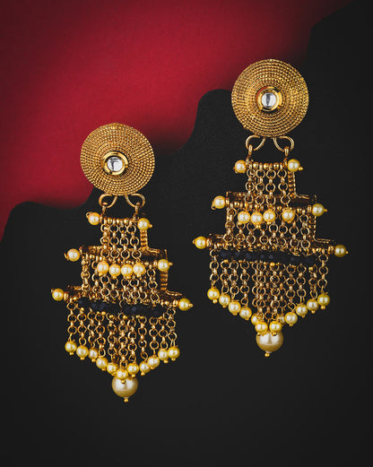 Gold Plated Layered Statement Jhumka Earrings with Pearl