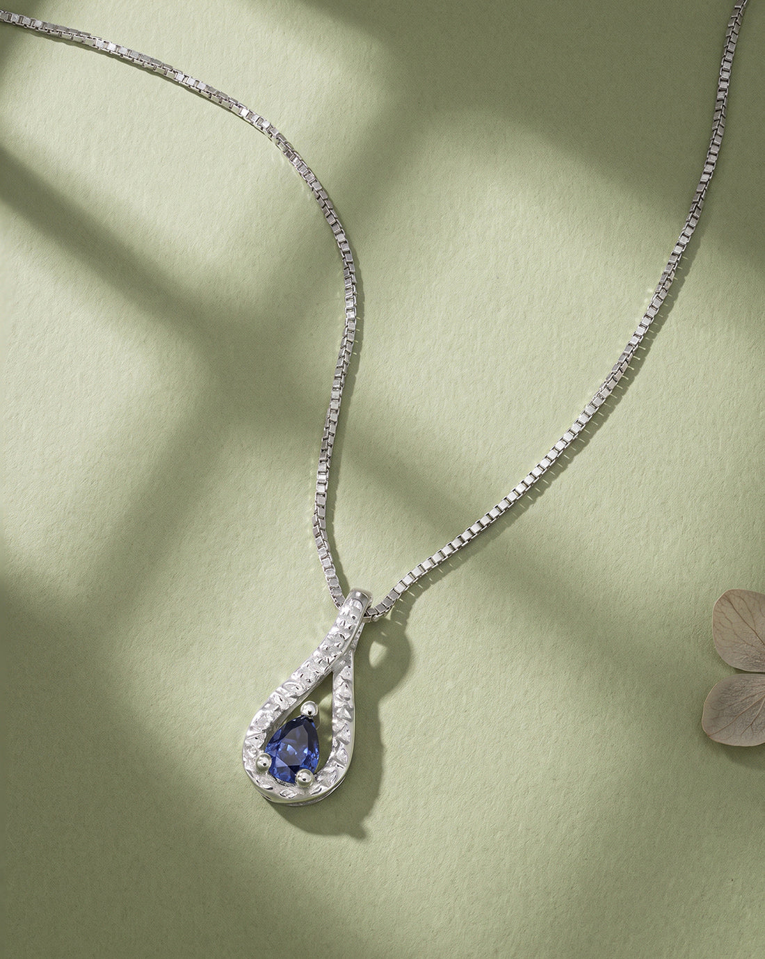 925 Sterling Silver Rhodium Plated Sapphire Blue Studded Teardrop Pendant and Chain
