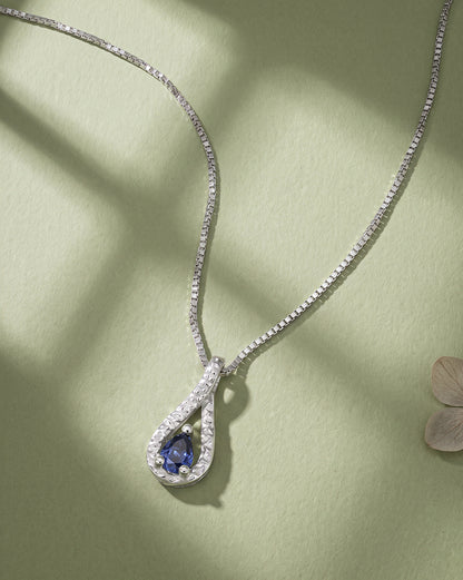 925 Sterling Silver Rhodium Plated Sapphire Blue Studded Teardrop Pendant and Chain