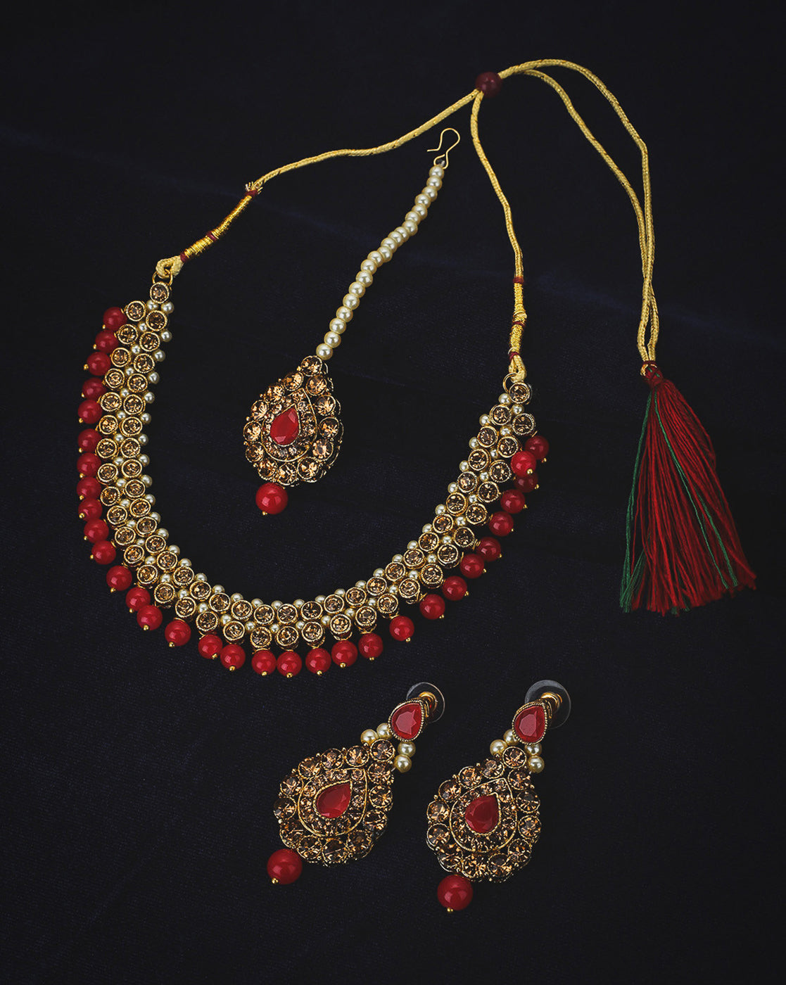 Gold Plated CZ, Pearl &amp; Red Beaded Necklace, Earrings &amp; Maang Tika Set