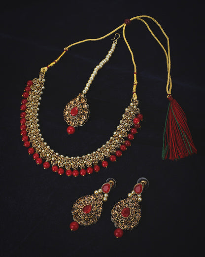 Gold Plated CZ, Pearl &amp; Red Beaded Necklace, Earrings &amp; Maang Tika Set