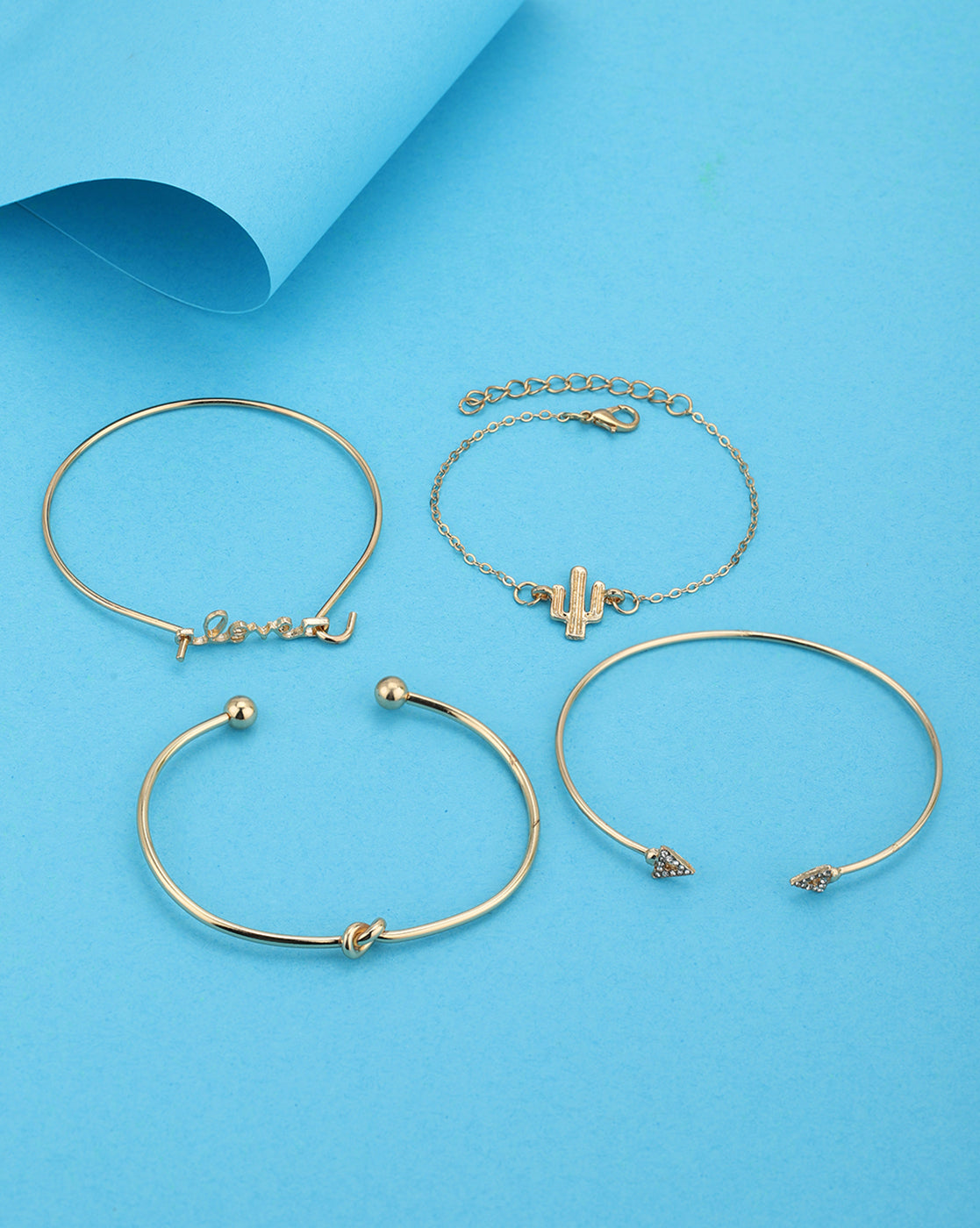 Set of 4 Rose Gold Plated CZ Studded- Knot- Cactus-Love-Stack Cuff Bracelet Multipack Set
