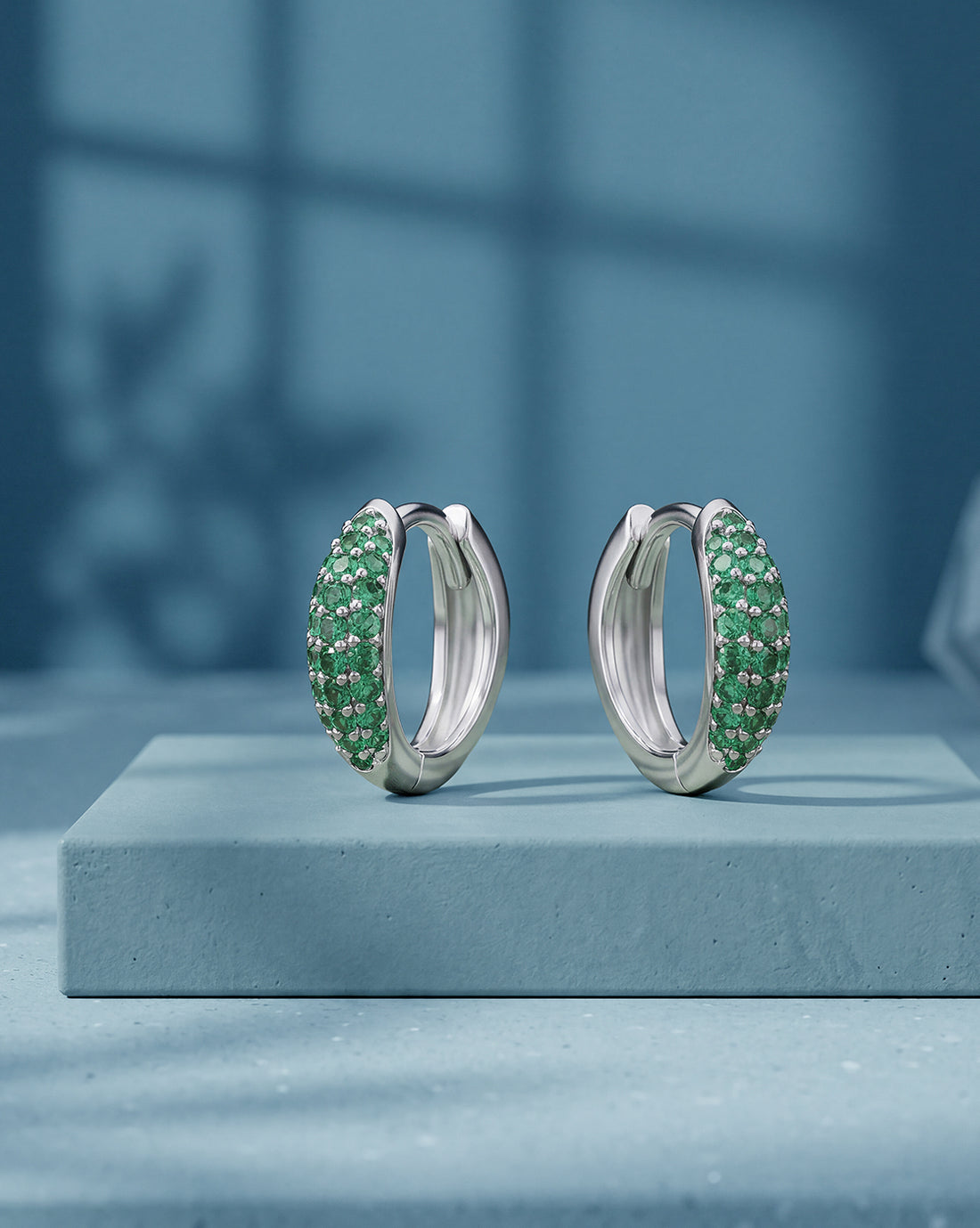 Rhodium Plated Emerald CZ Studded Huggie Hoop Earring